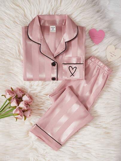 2pcs Young Girl' Minimalist Champagne Striped Long Sleeve Cardigan And Pants Loungewear Set,Summer,Travel