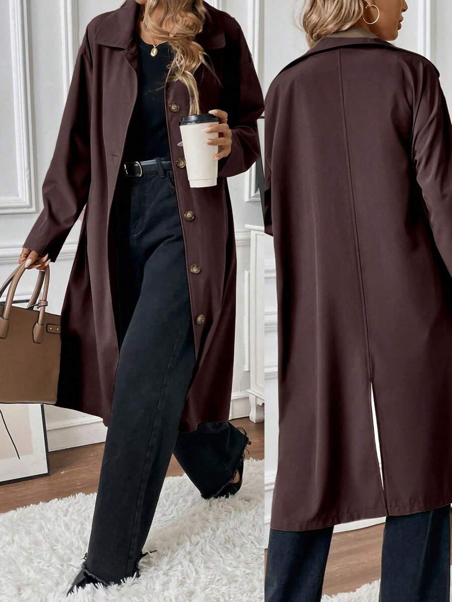 Chiquease 简约宽松翻领单排扣长袖女士中长款风衣