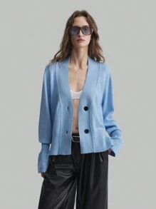 Ontre Quần áo nữ mùa xuân mới 2025, Áo len cardigan tay loe màu xanh thanh lịch của Pháp, Áo chui đầu dài tay cổ chữ V thường ngày, Phong cách Pháp - Màu xanh lam - Xem 7