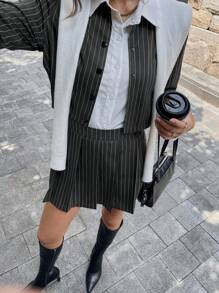 Calvaya 2pcs/Set Women Striped Print Long Sleeve Top And Elastic Waist Skirt