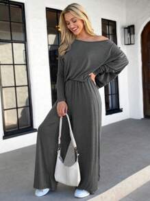 SHEIN LUNE 2pcs Women Casual Open Shoulder Top And Long Pants Set - Grey - View 5