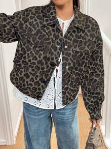 SHEIN Essnce Women Leopard Print Short Jacket, Spring And Autumn - Coffee Brown - View 5