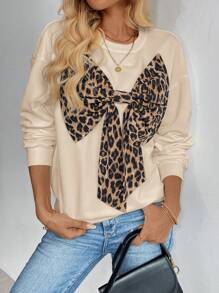 SHEIN LUNE 秋冬纯色针织撞色豹纹蝴蝶结 3D 图案休闲卫衣 - 卡其色 - 查看 3