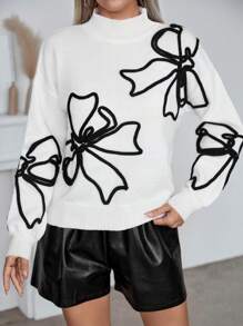 Chiquease 女士蝴蝶结图案高领套头毛衣，秋冬针织套头衫 - 彩色 - 查看 4