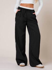 SHEIN SXY Quần áo mùa thu cho phụ nữ; Quần áo công sở cho phụ nữ; Quần áo mùa thu đông lạnh in họa tiết sọc cho phụ nữ, quần dài thường ngày có túi chun ở eo - màu đen - Xem 5