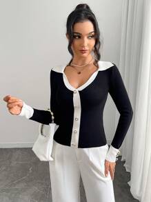 Chiquease Women's Plain Color Splice Front Button Long Sleeve Minimalist Casual Pullover Sweater Knit Pullover Fall Winter Outfit