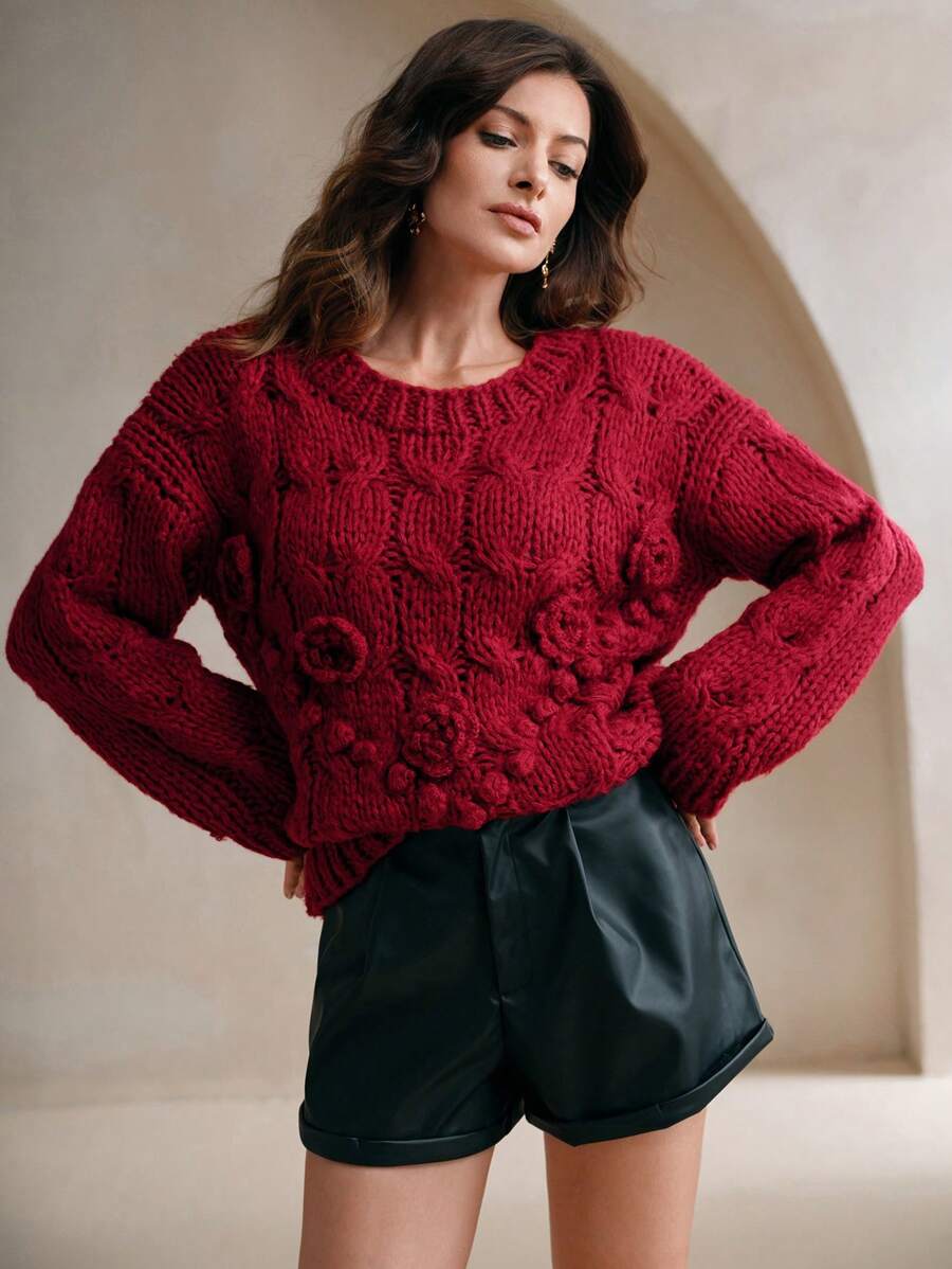Anewsta Áo len nữ dáng rộng với họa tiết hoa hồng trang nhã, kiểu áo chui đầu dệt kim mùa thu đông. - Đỏ - Xem 1