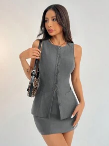 SHEIN PETITE Solid Button Front Vest Blazer & Skirt Suit Set For Summer Business Women Clothes Sexy Office Siren Women Two Pieces Sets Old Money Style Teacher Outfits - Dark Grey - View 6