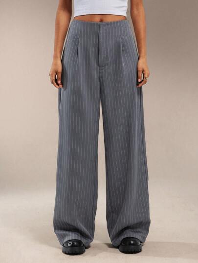Forever 21 Women Striped Pleated Wide Leg Casual Loose Pants