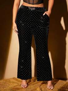SHEIN SXY Plus Size Women Velvet Flare Pants With Pockets And Chain Decor, Suitable For Nightclub Party