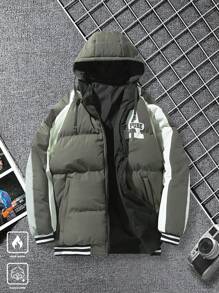 Manfinity Roghcode Men's Solid Color Patchwork Front Zipper Long Sleeve Minimalist Hooded Casual Padded Coat - Green - View 1