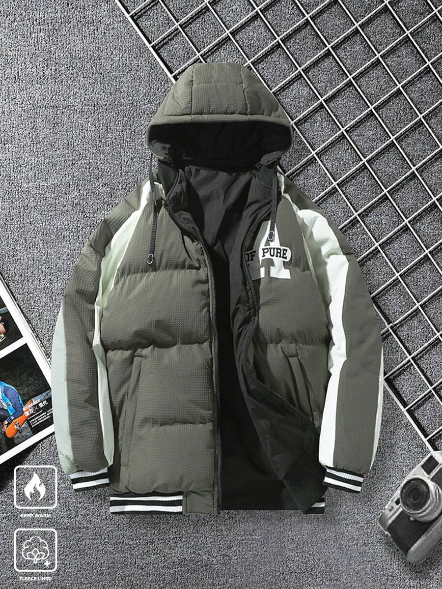 Manfinity Roghcode Men's Solid Color Patchwork Front Zipper Long Sleeve Minimalist Hooded Casual Padded Coat - Green - View 1