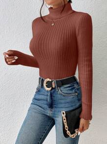 SHEIN Frenchy Turtleneck Ribbed Knit Grain Bodycon Sweater Christmas Winter Casual - Redwood - View 3