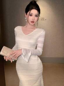 DAZY V-Neck Lace Mermaid Midi Dress For Women,Ruffle,Fall Clothes Long Sleeve Dress