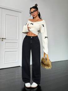 SHEIN PETITE 女式休闲宽腿口袋宽松牛仔裤 - 黑色 - 查看 4