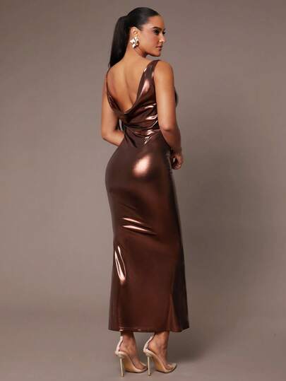 Silquee 女士 Galaxy Shimmer 古铜色斜裁围脖前部不对称不对称修身收腰垂坠连衣裙，适合鸡尾酒会、浪漫约会、分层连衣裙、派对、正式场合、夜间外出、婚礼、伴娘、万圣节、圣诞节、感恩节、节日装扮、节日连衣裙、新年前夜、新年装扮