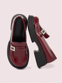 CUCCOO DOLLMOD Comfy Casual College Style Thick-Soled Square Rhinestone Buckle Loafers, Red For Christmas And New Year Holiday Vibe Fall And Winter