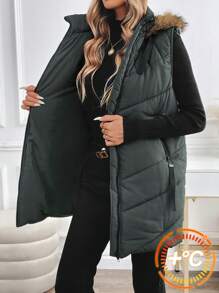 SHEIN Clasi Slant Pockets Sleeveless Argyle Quilted Vest Coat Hooded Warm For Autumn And Winter,Winter Clothes For Women,Winter Women Coat, Hooded
