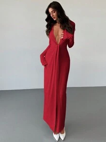 Aloruh 1 chiếc váy dài bó sát, cổ áo sơ mi trắng cổ chữ V sâu, khoét sâu cho nữ đi làm tối giản - Màu Đỏ Sâu - Xem 3