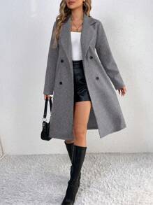 SHEIN Tall Women's Casual Solid Color Lapel Collar Double-Breasted Long Overcoat, Autumn/Winter - Grey - View 1