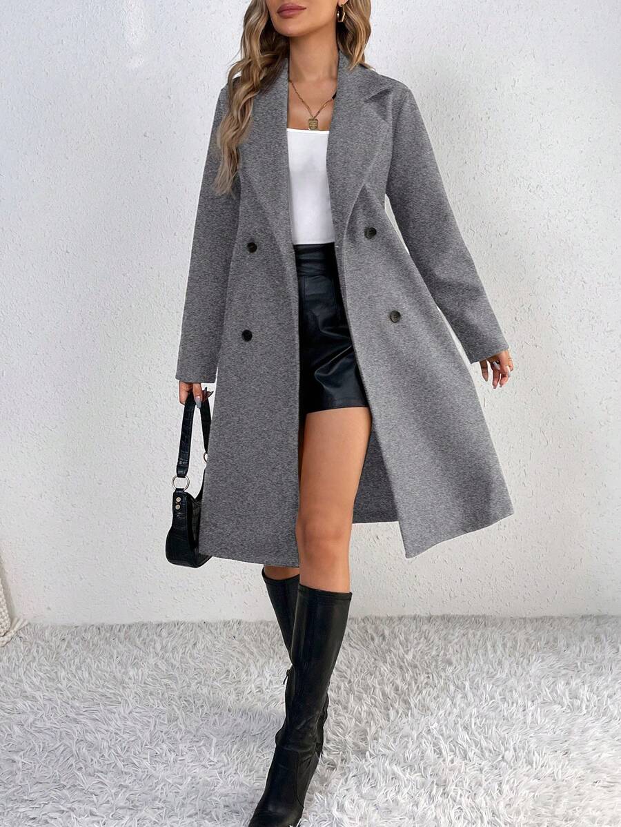 SHEIN Tall Women's Casual Solid Color Lapel Collar Double-Breasted Long Overcoat, Autumn/Winter - Grey - View 1