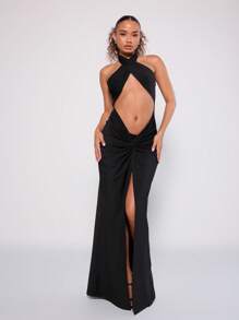 MUSERA Đầm maxi dự tiệc mùa xuân hè gợi cảm, thanh lịch, cổ yếm, khoét eo, thích hợp cho các dịp lễ hội. - màu đen - Xem 1