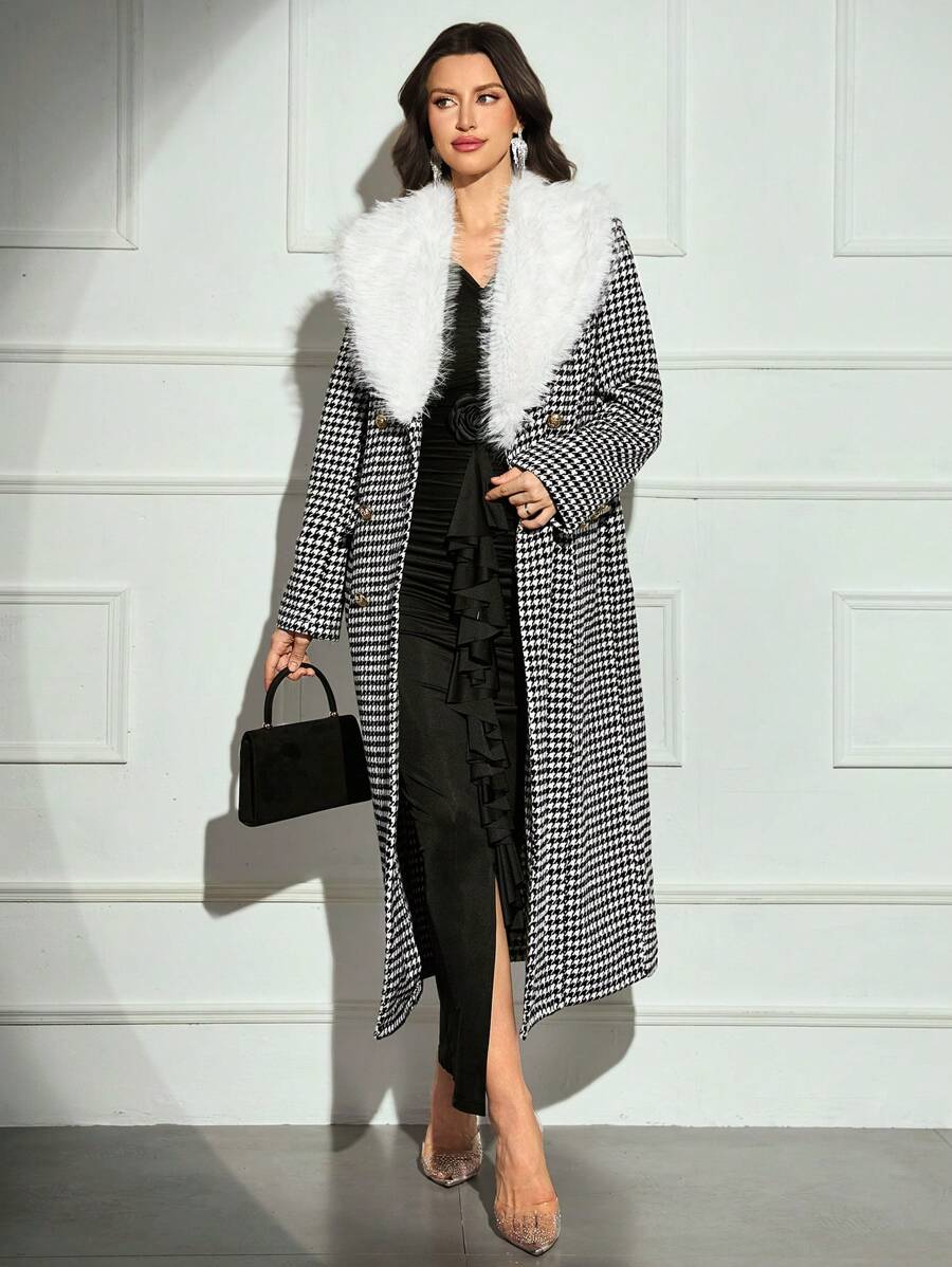 Modelyn Women Elegant Houndstooth Patchwork Fluffy Collar Double Breasted Jacket, Autumn - Black and White - View 1