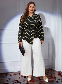 SHEIN Privé Blouse asymétrique à rayures métalliques et col V avec attache pour femmes grande taille, convient pour les rendez-vous, les fêtes et les sorties - Multicolore - Voir 4