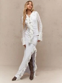 MISSGUIDED 波西米亚风透明蕾丝荷叶边蝴蝶结细节长袖上衣