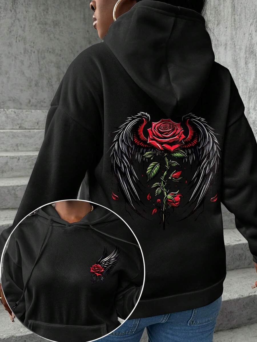 INAWLY 大码女式玫瑰翅膀印花长袖连帽卫衣，休闲百搭，适合秋冬季毕业季、返校季、教师节等场合。 - 黑色 - 查看 1
