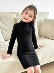 SHEIN Young Girl Casual All-Match Knitted Soft Rib Fleece Turtleneck Long Sleeve Solid Color Straight Dress - Black - View 1