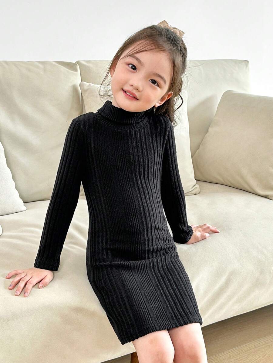 SHEIN Young Girl Casual All-Match Knitted Soft Rib Fleece Turtleneck Long Sleeve Solid Color Straight Dress - Black - View 1