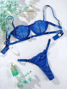 Floral Lace Underwire Lingerie Set - Royal Blue - View 6
