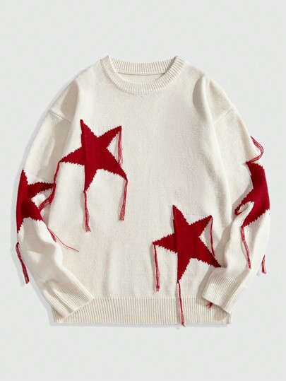 Street Life Suéter de cuello redondo con estampado gráfico y flecos de manga larga para hombre