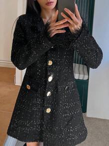 DAZY 1pc Women's Fitted Fuzzy Patchwork Blazer Jacket, Party Wear,Fall Clothes Business Attire - Black - View 1