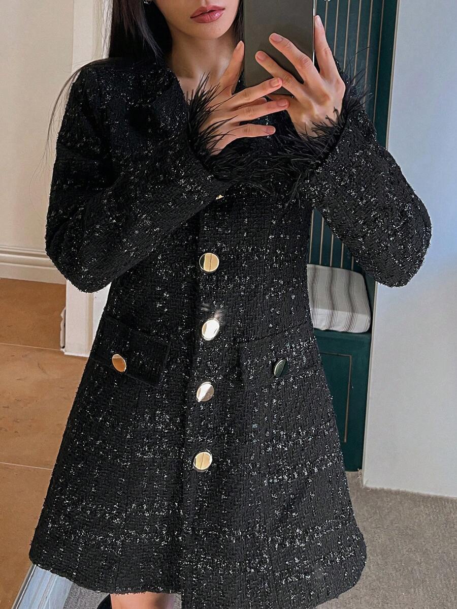 DAZY 1pc Women's Fitted Fuzzy Patchwork Blazer Jacket, Party Wear,Fall Clothes Business Attire - Black - View 1