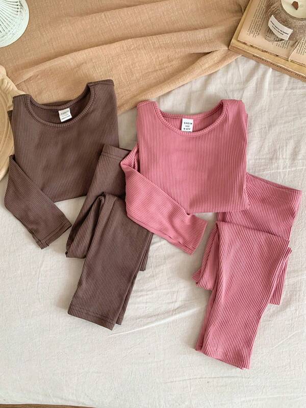 SHEIN LMoss Kids LMoss 4pcs/Set Baby Girl Cute Knit Elastic Solid Color Long Sleeve Top And Elastic Waist Pants