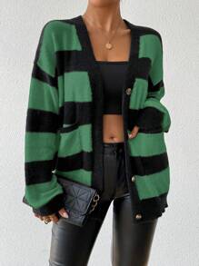 Chiquease Áo len cardigan dệt kim lông chồn giả sọc thiết kế mới cho nữ, mùa thu/đông - Màu xanh lá cây đậm - Xem 5