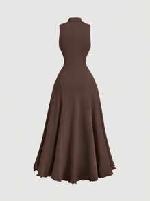 SHEIN MOD Vestido Longo Minimalista Sem Mangas de Gola Alta Liso Feminino, Uso Casual Diário - Castanho - Visão 2