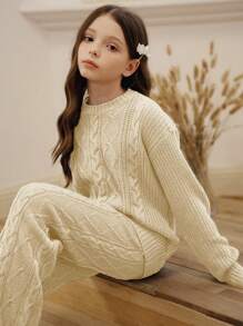 SHEIN 2pcs/Set Tween Girl Fashion Set, Korean Style Cable Knit Sweater + Drape Pants - Apricot - View 3