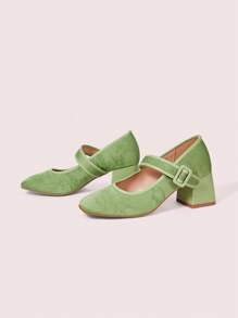 CUCCOO DOLLMOD Square Toe Green Sweet Square Heel High Heels For Women