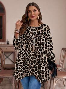EMERY ROSE Plus Size Women Leopard Print Round Neck Loose Asymmetrical Hem 3/4 Sleeve T-Shirt, Suitable For Autumn/Winter