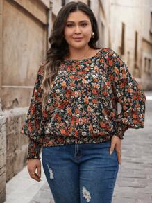 SHEIN LUNE 大码女式花卉印花泡泡袖褶皱下摆衬衫，充满度假气息，春秋季大码秋装