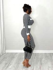 BamGleam Nuevo conjunto de 2 piezas de suéter de punto de pata de gallo negro y blanco para mujer, con botones metálicos, bolsillos falsos, escote redondo, manga larga, ajuste sexy, elegante y lujoso para otoño/invierno