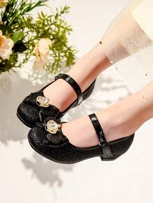 Váy dự tiệc thu/đông kết hợp với nơ đen lấp lánh trang trí giày cao gót cho trẻ em - màu đen - Xem 2
