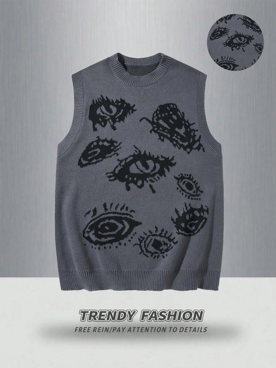 Manfinity EZcore 大码男士休闲街头眼镜图案宽松针织毛衣背心 - 深灰色 - 查看 1