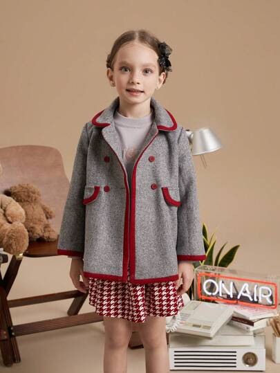 PrepCrw 少女学院风灰色圣诞粗花呢修身双排扣大衣，秋冬款