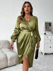 SHEIN Clasi 1 件长袖优雅缎面裹身系带连衣裙 - 橄欖綠 - 查看 1