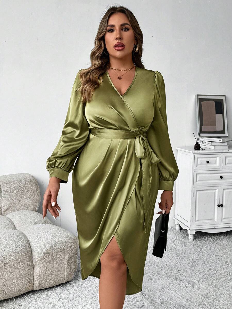 SHEIN Clasi 1 件长袖优雅缎面裹身系带连衣裙 - 橄欖綠 - 查看 1