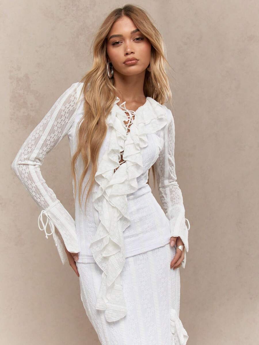 MISSGUIDED 波西米亚风透明蕾丝荷叶边蝴蝶结细节长袖上衣